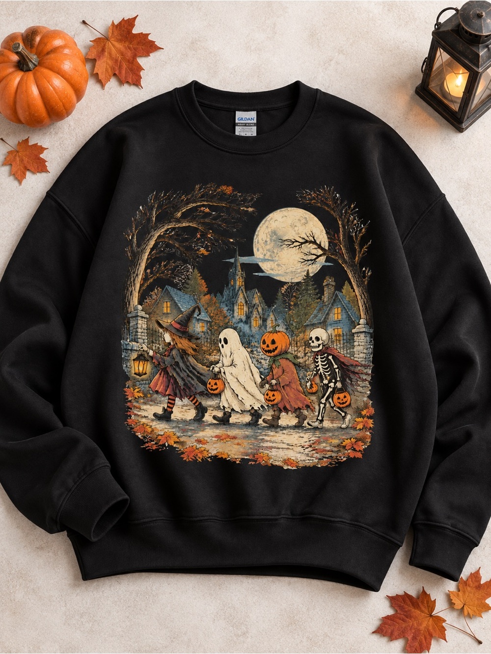 Gildan Black Halloween Friends Parade Crewneck Sweatshirt